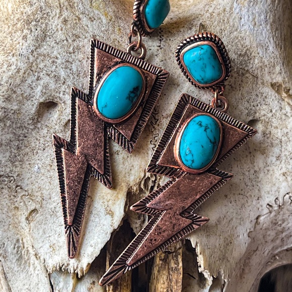 Turquoise Coppertone Lighting Bolt Earrings - Picture 3 of 3